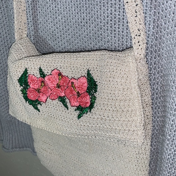 Vintage boho woven pearly white crossbody bag pink green floral embroidery - Picture 5 of 14